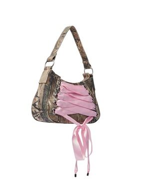 Vintage Inspired Camo Shoulder Bag Pink Ribbon Lace Up AKIRA Y2K Purse